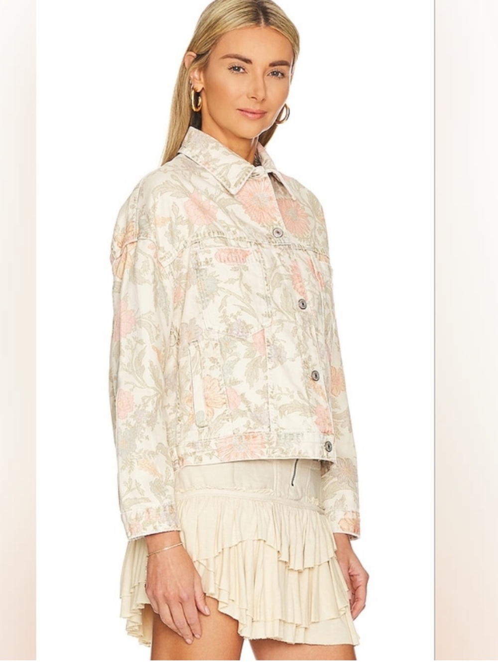 Free People Opal Swing Denim Jacket S Printed Floral We The Free Oversized